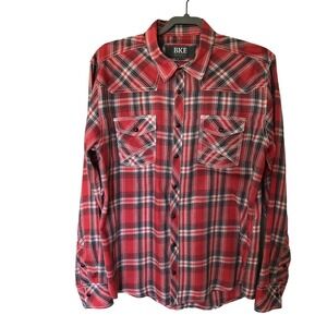 BKE Shirt Mens Large Pearl Snap Western Athletic Fit Plaid Long Sleeve Button Up